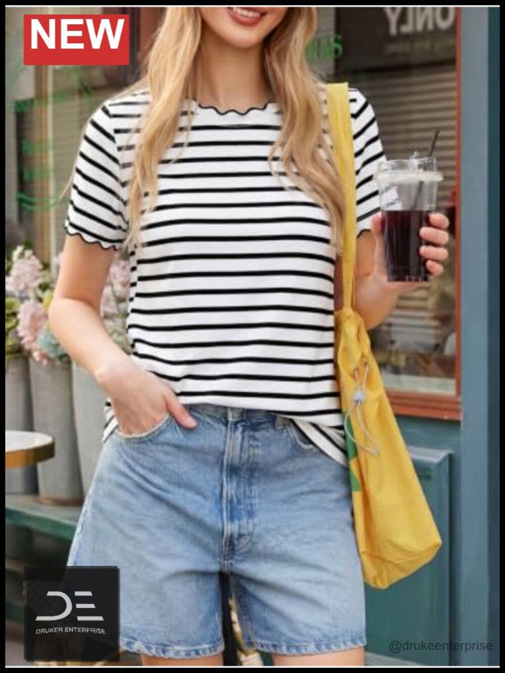Striped Scalloped Trim Crew Neck Loose Fit Cotton Tee - Picture 3 of 6